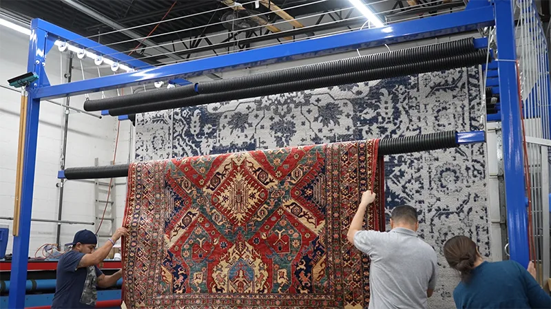 Team hang-drying cleaned rugs